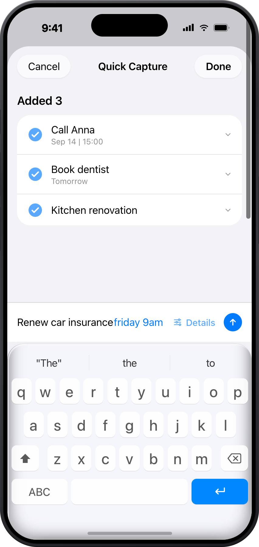 Quick Capture in ToBlock: typing several to-dos in one go with natural dates