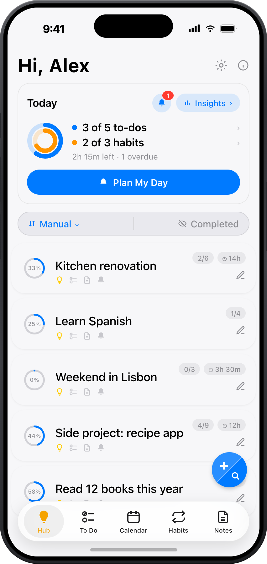ToBlock Hub with today's progress, Plan My Day and all projects in one place