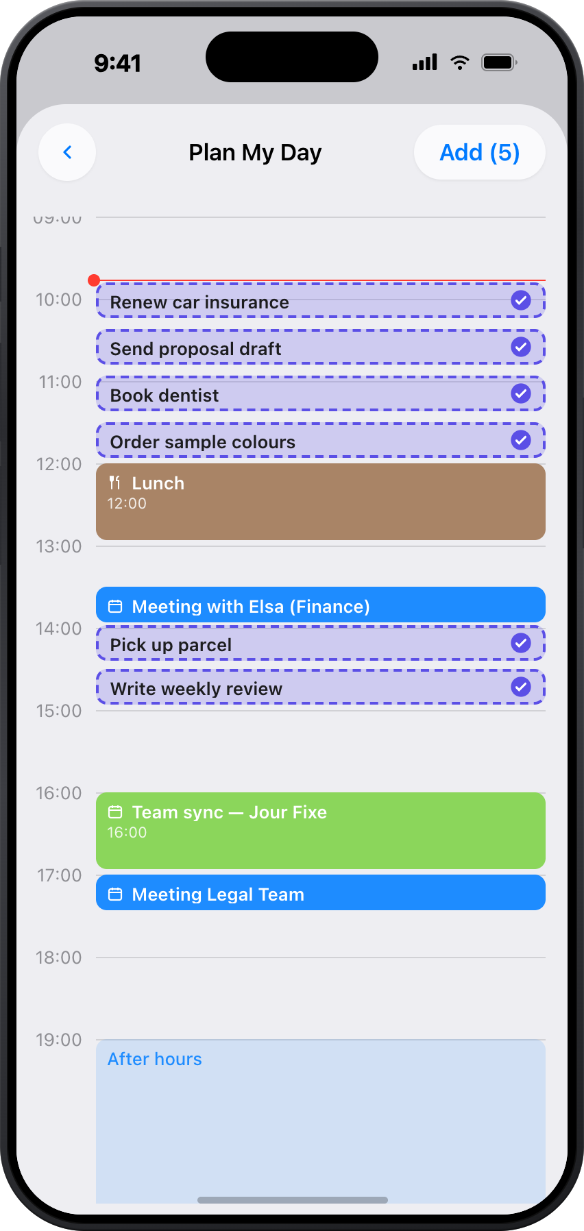 Plan My Day in ToBlock: suggested time blocks placed around existing meetings