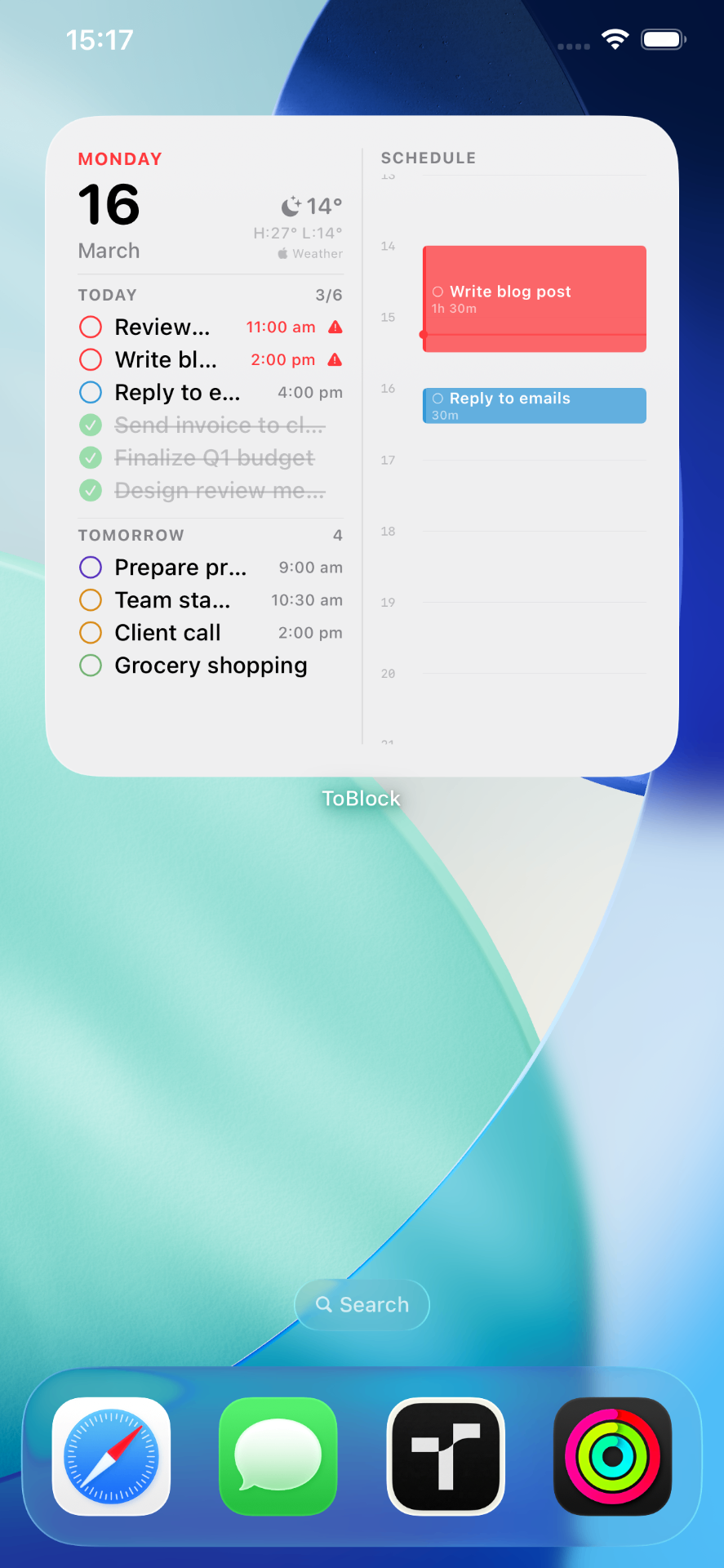 ToBlock widget on iOS home screen showing today's tasks and schedule